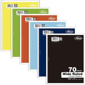 AUKSales 1-Subject Spiral Notebooks, 10-1/2" x 8", Wide Rule, 70 Sheets, Color Assortment May Vary, Pack of 3