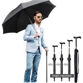 Walking Sticks Umbrella - Height Adjustable Walking Cane Crutch Self Protection Umbrella Heavy Duty Solid Tungsten Steel - Ideal Father's Gift for Climbing, Hiking,Rain (Classic:Black)