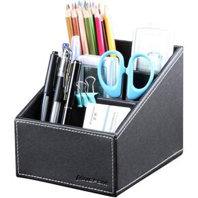 KINGFOM Remote Control Holder with 3 Compartments Pu Leather Remote Caddy Desktop Organizer Store Brush, Pencil, TV Guide, DVD, CD, Blu-Ray, Media Player, Heater Controllers(Black)