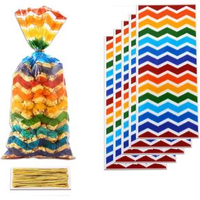 LLK 50 PCS Rainbow Cellophane Bags Baby Shower Candy Bags Gift Bags Treat Bags Stripes Goodie Bags with 50PCS Twist Ties for Birthday Rainbow Themed Party Supplies