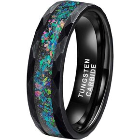 6mm 8mm Silver/Black Hammered Tungsten Rings for Men Women Couple Genuine Galaxy Opal Inlay Fashion Jewelry Engagement Wedding Bands Matte Finish Comfort Fit