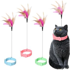 Cat Collars with Cat Feather Toys,3pcs Interactive Cat Toy with Bell for Indoor Cats,Adjustable Silicone Cat Collar Toy(Pink&Blue&Green)