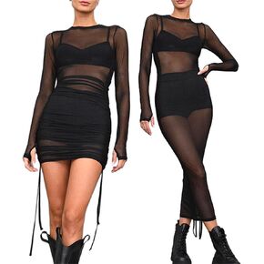 Womens Mesh Dress Ruched Glitter Long Sleeve Bodycon Sexy See Through Clubwear Rave Outfits