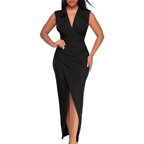 GOKATOSAU Women's Sleeveless Wrap V Neck Elegant Front Split Bodycon Ruched Long Maxi Dress