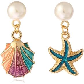 Colorful Shell Starfish Dangle Earrings for Women Teenagers Girls Asymmetric Enamel Starfish Shell Drop Earrings