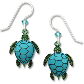 Sea Turtle Dangle Earrings - Green with Blue Shell - 925 Sterling Silver Ear Wires