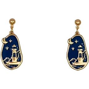 Della's Designs, Lighthouse Post Earrings, A Mat-Gold Lighthouse set in a Deep Blue Midnight Sky
