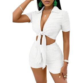 SHENHE Women's 2 Piece Sexy Outfits Deep V Tie Front Crop Top and Biker Shorts Set