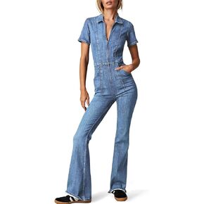 PLNOTME Women's Flare Denim Jumpsuits Cute Short Sleeve Zipper Jeans Long Pants Rompers with Pockets