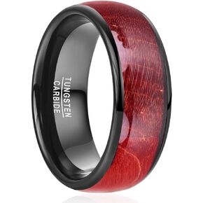 NUNCAD Black Tungsten Rings for Men Red Burl Wood Inlay 8mm Tungsten Engagement Wedding Band Polished Domed Comfort Fit Size 7-12
