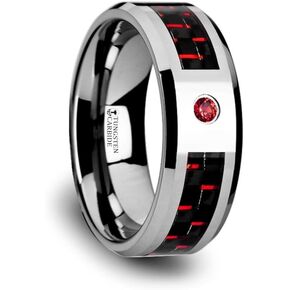 Comfort Fit Tungsten Carbide - Mens Wedding Band Ring - Black and Red Carbon Fiber Inlay - Bezel Set Lab Created Red Ruby - Beveled Edges - Style name: ADRIAN - 8mm wide