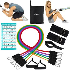 Vive Resistance Bands with Handles (11 Pcs) - Tube Rehab Band Set - Shoulder Pulley Door Anchor - 2 to 70 LBs Tension - Home Workout Elastic Fitness Equipment - Men, Women Training Therapy