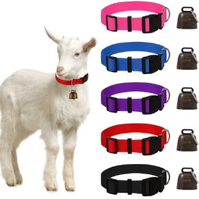 4 Pack Goat Collars with Bell Adjustable Nylon Collar and Grazing Copper Bells Set Farm Animal Anti-Lost with Loud Bronze Bells for Goat Sheep Horse Cow