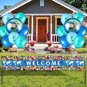 Outus 19 Pcs International Party Decorations International Welcome Banners with 18 Pcs World Balloons World Flags Banner Yard Sign for International Party Fence Garden Sign Indoor Outdoor Decor
