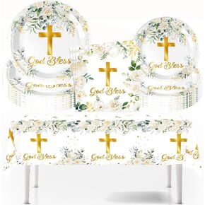 First Communion Decorations,20 God Bless Plates and Napkins + Tablecloth for First Holy Communion Decorations,Baptism Decorations