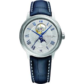 RAYMOND WEIL Maestro Men's Automatic Watch, Moon Phase Functions, Visible Balance Wheel, Silver Dial, Roman Numerals, Stainless Steel, Blue Leather Strap, 39.5 mm (Model: 2240-STC-00655)