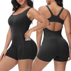Wenlia Women's Jumpsuits Short with Pockets Raceback Sleeveless One Piece Bodysuit Square Neck Sexy Yoga Workout Romper