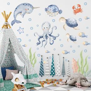 Mermaid Wall Decals，Under The Sea Animals Wall Stickers，Baby Girls Mermaid Wall Decals Stickers，Ocean Fish Turtle Wall Stickers Bathroom Girls Bedroom Baby Nursery Wall Decoration.