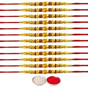 مجموعة من 12 راخي للأخوة موتي، خاتم خرز بتصميم الماس، مجموعة راخي التقليدية المصنوعة يدويًا مع رولي تشاوال، مجموعة هدايا راكشاباندان برو الهندية الاحتفالية in Kuwait