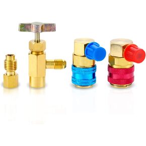 R134A Can Tap Valve Kit, AC R134A Adapters Quick Couplers, for R12 R22 Manifold Gauge High Low Quick Couplers, with Tank Adapter for 1/4 and 1/2 inch AC Freon Charging Hose, Hose Conversion Kit