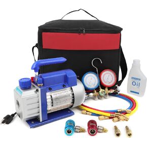 110V 3.5 CFM Vacuum Pump 1/4HP with Manifold Gauge and Leak Detector Set for A/C HVAC Auto Repair R134 with Oil
