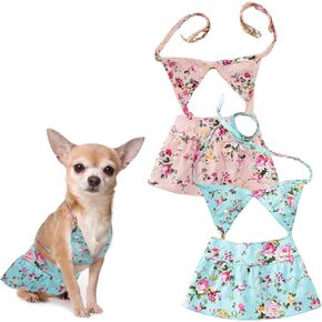 Dog Bikini, 2 PCS Floral Dog Beach Swimsuit Adjustable Pet Bathing Dress with Flower Pattern for Small Dogs Cats, Blue and Pink