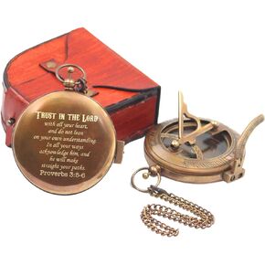 Trust in The Lord Sundial Compass Gift with Leather Case Bible Verse Proverbs 3 5-6, Baptism - Graduation - Religious - Keepsake - Communion Gifts