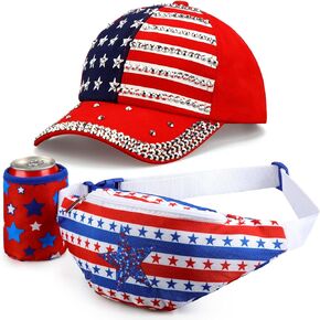 2 Pcs 4th of July Fanny Pack and USA Bling Baseball Hat Set American Flag Fanny Pack with Drink Holder Patriotic Fanny Pack Sparkle American Flag Independence Day Hat for BBQ Pool Party