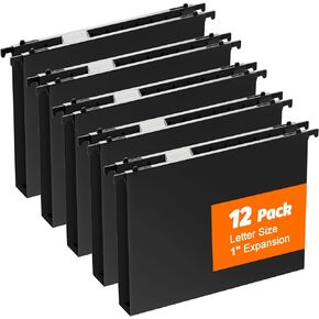 Plastic Hanging File Folders Letter Size,12 Pack Reinforced Black Hanging Folders with Heavy Duty 1 Inch Expansion,Hanging File Folders with Tabs,Durable File Cabinet Folders
