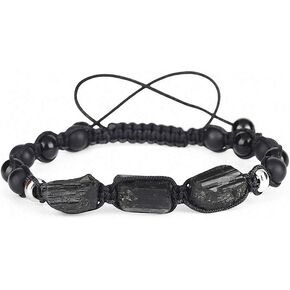 Natural Rough Black Tourmaline Healing Stone Bead Matte Onyx Alternate Lava Nylon Rope Unisex Adjustable Macrame Energy Bracelet Agate N Matte Agate Unisex Adjustable