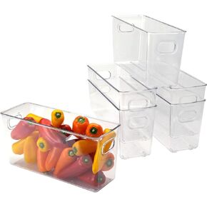 Excello Global Products 10.4" x 3.81" x 5" Rigid Plastic Clear Storage Bins for organizing and storing household goods, food, or Office supplies (Pack of 6)