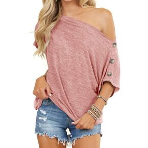 REVETRO Womens Short Sleeve Shirts Off The Shoulder Tops Sexy Button Down Shirt Loose Tunic Top Blouses Summer Tops…