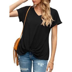 Anbech Twist Knot Tops for Women Solid Color V-Neck Round Neck T Shirt Casual Short Sleeves Tunic Tees