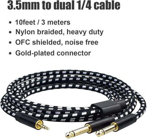 1/8 to Dual 1/4 Stereo Cable, 3.5mm Mini TRS to Dual Quarter Inch TS Y Splitter Cord, Heavy Duty Nylon Braided, for Mixer, Studio Monitor, Keyboard and Computer Recording-10Feet in Saudi Arabia