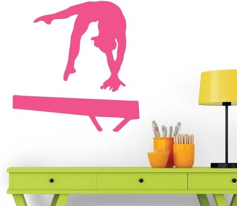 ملصقات حائط للفتيات - صورة ظلية لرياضة الجمباز - وردي فاقع - 30 بوصة × 30 بوصة - رسم قابل للتقشير واللصق in Kuwait
