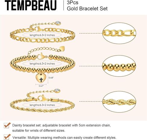 TempBeau أساور الذهب للنساء مجموعة 丨سوار مطلي بالذهب قابل للتكديس للنساء داينتي فيجارو لينك حبل سلسلة عبر القلب مطرز سوار قابل للتعديل مجوهرات عيد الميلاد هدايا عيد الميلاد للنساء الفتيات أمي صديقة in Kuwait