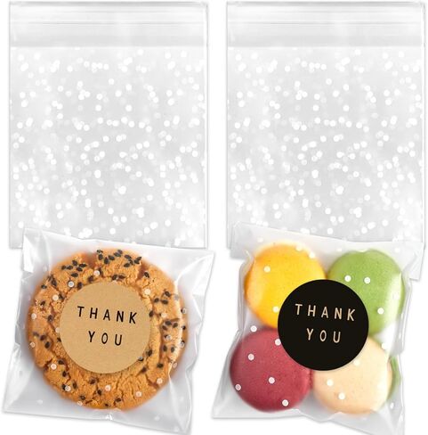 Zezzxu 400 Pack Self Adhesive Cookie Bags, Clear Plastic Cellophane Bags with Thank You Stickers, Treat Bags for Candy Pastry Packaging Party Favor Gift Giving (White Polka Dots, 4 x 4 Inches) in Saudi Arabia