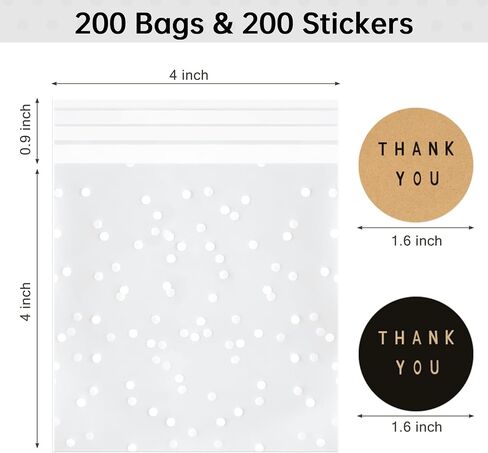 Zezzxu 400 Pack Self Adhesive Cookie Bags, Clear Plastic Cellophane Bags with Thank You Stickers, Treat Bags for Candy Pastry Packaging Party Favor Gift Giving (White Polka Dots, 4 x 4 Inches) in Saudi Arabia