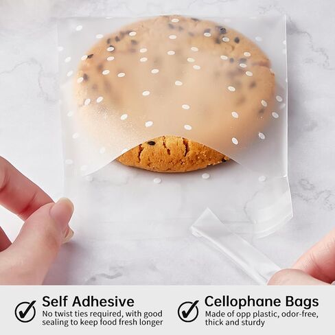 Zezzxu 400 Pack Self Adhesive Cookie Bags, Clear Plastic Cellophane Bags with Thank You Stickers, Treat Bags for Candy Pastry Packaging Party Favor Gift Giving (White Polka Dots, 4 x 4 Inches) in Saudi Arabia