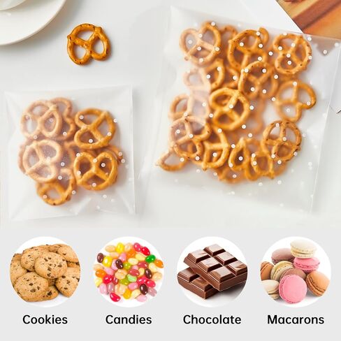 Zezzxu 400 Pack Self Adhesive Cookie Bags, Clear Plastic Cellophane Bags with Thank You Stickers, Treat Bags for Candy Pastry Packaging Party Favor Gift Giving (White Polka Dots, 4 x 4 Inches) in Saudi Arabia