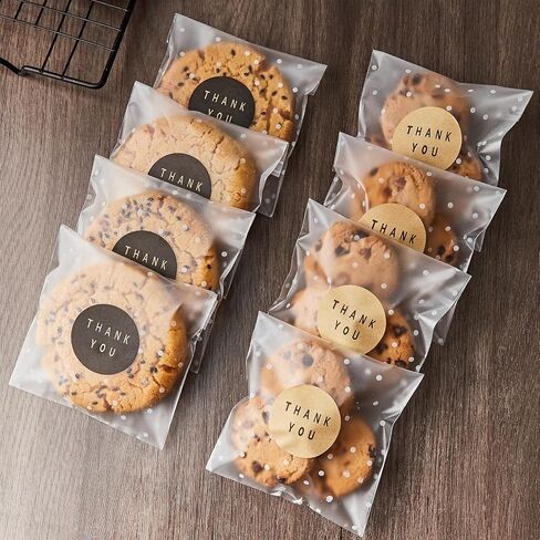 Zezzxu 400 Pack Self Adhesive Cookie Bags, Clear Plastic Cellophane Bags with Thank You Stickers, Treat Bags for Candy Pastry Packaging Party Favor Gift Giving (White Polka Dots, 4 x 4 Inches) in Saudi Arabia