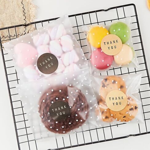 Zezzxu 400 Pack Self Adhesive Cookie Bags, Clear Plastic Cellophane Bags with Thank You Stickers, Treat Bags for Candy Pastry Packaging Party Favor Gift Giving (White Polka Dots, 4 x 4 Inches) in Saudi Arabia