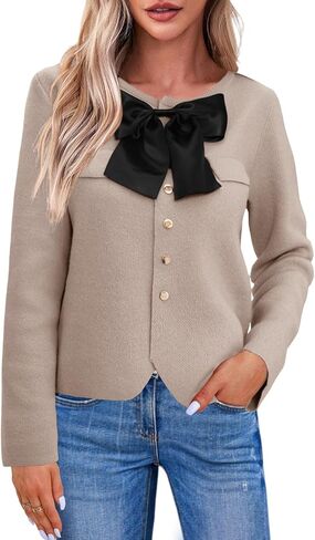 Saodimallsu Womens Button Down Cropped Cardigan Sweaters Cute Bow Long Sleeve Crew Neck Knit Sweater Jacket Coat in Saudi Arabia