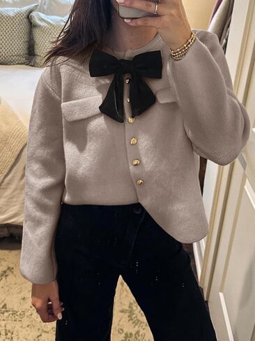 Saodimallsu Womens Button Down Cropped Cardigan Sweaters Cute Bow Long Sleeve Crew Neck Knit Sweater Jacket Coat in Saudi Arabia