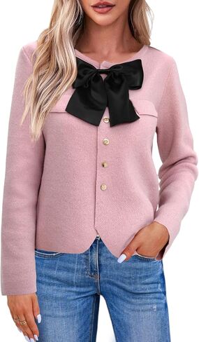 Saodimallsu Womens Button Down Cropped Cardigan Sweaters Cute Bow Long Sleeve Crew Neck Knit Sweater Jacket Coat in Saudi Arabia