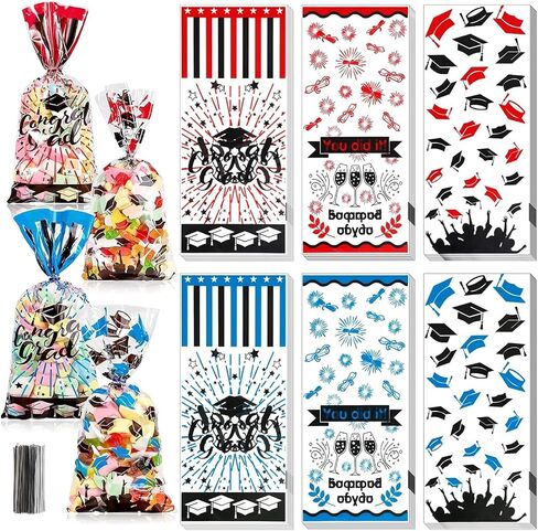 180 Pieces Graduation Cellophane Treat Bags Congrats Graduates Candy Present Bags Plastic Clear Goodie Wrapping Bags with 180 Silver Twist Ties for Graduation Day (Bllue and Red) in Saudi Arabia