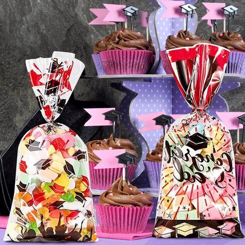 180 Pieces Graduation Cellophane Treat Bags Congrats Graduates Candy Present Bags Plastic Clear Goodie Wrapping Bags with 180 Silver Twist Ties for Graduation Day (Bllue and Red) in Saudi Arabia
