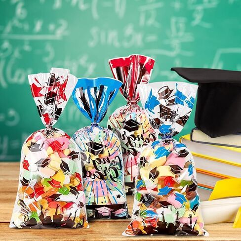 180 Pieces Graduation Cellophane Treat Bags Congrats Graduates Candy Present Bags Plastic Clear Goodie Wrapping Bags with 180 Silver Twist Ties for Graduation Day (Bllue and Red) in Saudi Arabia