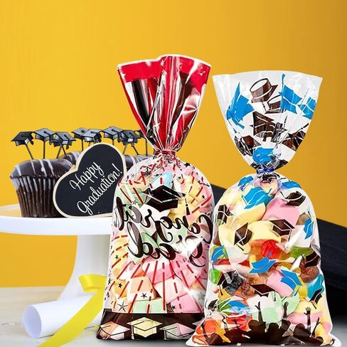 180 Pieces Graduation Cellophane Treat Bags Congrats Graduates Candy Present Bags Plastic Clear Goodie Wrapping Bags with 180 Silver Twist Ties for Graduation Day (Bllue and Red) in Saudi Arabia