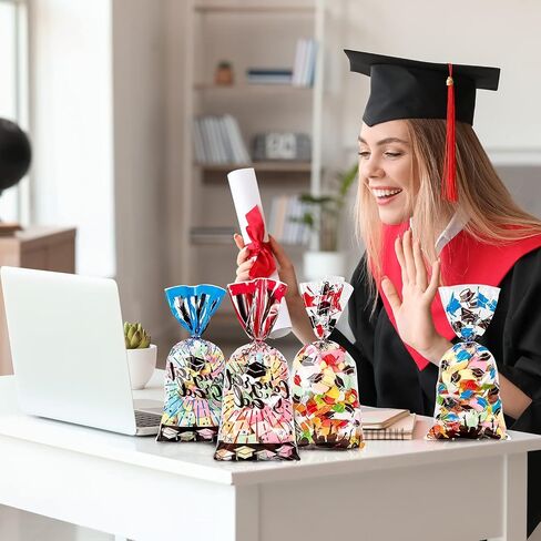 180 Pieces Graduation Cellophane Treat Bags Congrats Graduates Candy Present Bags Plastic Clear Goodie Wrapping Bags with 180 Silver Twist Ties for Graduation Day (Bllue and Red) in Saudi Arabia